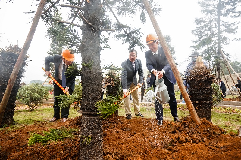 Đồng chí Phạm Văn Hoà - Bí thư đảng ủy, Giám đốc công ty trồng cây Bách Tán tại sân vườn khu vực nhà ăn phân xưởng Đời Sống - Cụm Lành Khánh.